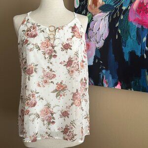 Corvia Floral Tank L Cottagecore Romantic Gold Detail Date Night Top